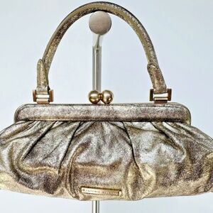 Antonio Melani Gold Leather Clutch Purse Evening Bag. Laser Cut Metallic Look